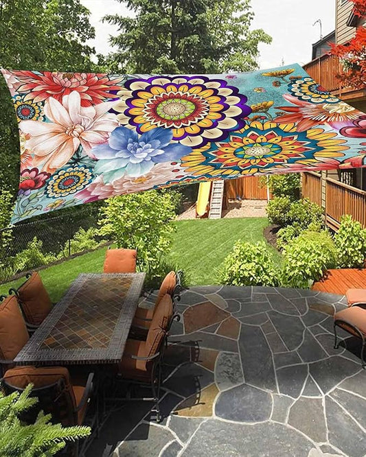 Sun Shade Sail 14'x18' Boho Floral Rectangle Sun Shade Sails Canopy Waterproof Mandala Flowers Plant Outdoor Sunshades Sand UV Block Cover Shade Cloth for Patio Backyard Garden Deck Porch Lawn