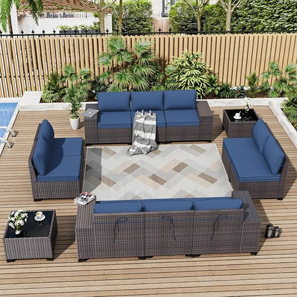 ALAULM 12 Pieces Outdoor Patio Furniture Set Sectional Sofa Sets Brown PE Rattan Patio Conversation Set w/10 Dark Blue Seat Cushions and 2 Coffee Tables