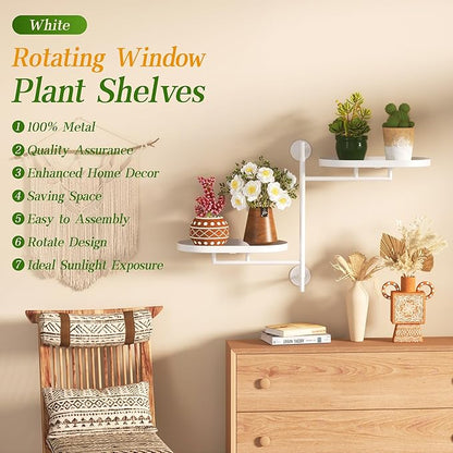 Window Rotating Plant Stand Shelf Indoor White Metal Floating Shelves 2-Tier Wall Mount Plant hanger Holders for Wall Planter Modern Home Decor window sill gifts