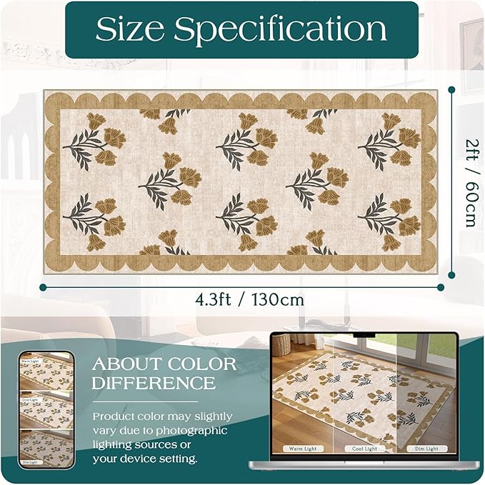 Outdoor Rugs, Beige Floral Scalloped Edge Entryway Mat, 2 x 4.3 ft