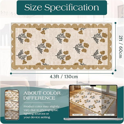 Outdoor Rugs, Beige Floral Scalloped Edge Entryway Mat, 2 x 4.3 ft