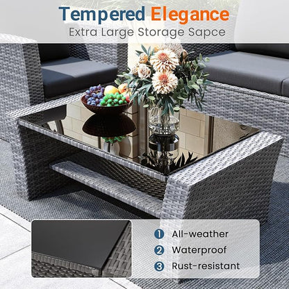 Wisteria Lane 5 Piece Patio Furniture Set, Wicker Outdoor Patio Conversation Furniture Set, All Weather Outdoor Patio Sofa with Cushion and Glass Table, Dark Grey