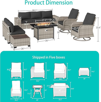 10-Piece Outdoor Patio Furniture Set with Rocking Swivel Chair, PE Wicker Rattan Sectional Sofa Patio Conversation Set with 55,000 BTU Fire Pit Table & Coffee Table, Dark Grey