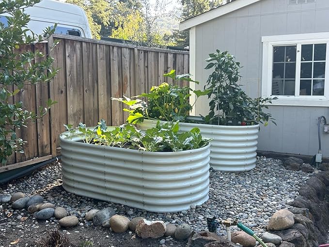 A ANLEOLIFE 8-Set 8X4X2 ft Galvanized Raised Garden Bed Kit, Oval Metal Deep Root Planters for Outdoor Plants, Antique White