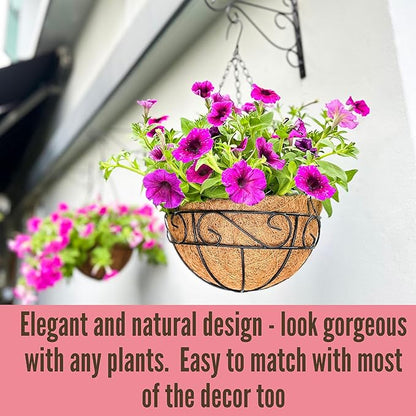 LaLaGreen Hanging Planter for Outdoor Plants (16 Inch, 6 Pack) Hanging Baskets with Coco Liner, Black Metal Wire Flower Basket Pots with Hook Hanger Balcony Porch Farmhouse Country Style Garden Decor