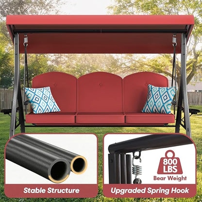 3 Seat Outdoor Porch Patio Swing with Stand 800lbs 2-in-1 Convertible Swing Bed with Adjustable Canopy & Removable Cushion for Yard Garden Deck (Wine Red, Square Tube)