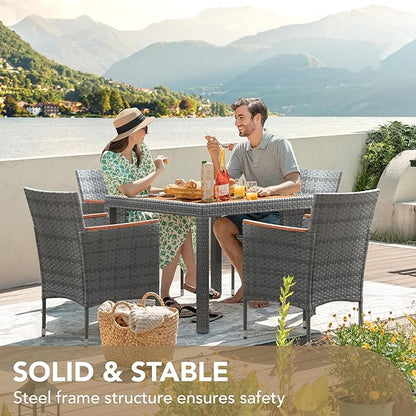 Devoko 5 PCS Furniture, Patio Conversation Set with Acacia Wood Top, Rattan Outdoor Dining Table and Chairs for Backyard, Garden, Deck, Grey