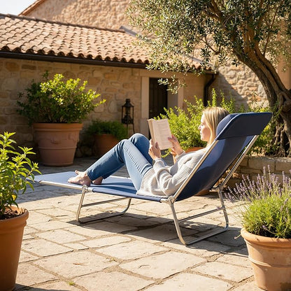 Outsunny Folding Chaise Lounge Chair, Pool Sun Tanning Chair, Outdoor Lounge Chair with Reclining Back, Breathable Mesh Seat, Headrest for Beach, Yard, Patio, Dark Blue