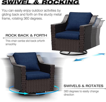 Joyside Wicker Patio Furniture Sets, 6 Pieces Upgraded Large Size Outdoor Furniture with Swivel Rocking Patio Chairs, Two 3-Seat Sofa, Fire Table, Coffee Table, Thick Cushions, Wide Armrest, Blue