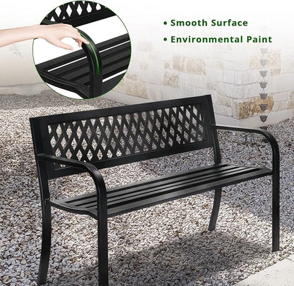 VINGLI 47'' Outdoor Bench, Weather Resistant Garden Patio Bench Powder Coated Iron Frame w/PVC Mesh Backrest Slatted Seat, 2-Person Outdoor Furniture for Front Porch Entryway Park (Black)
