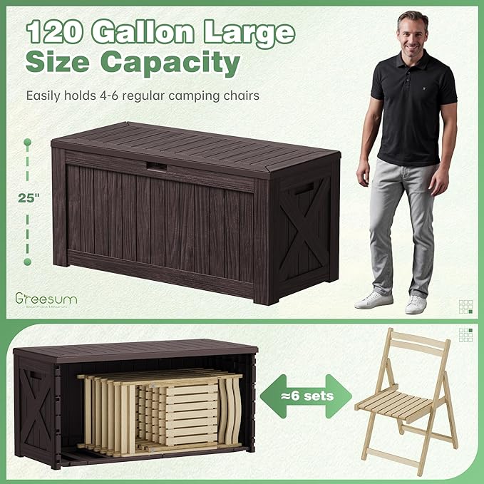 Deck Box 120 Gallon Outdoor Storage Bin with Lid, Dark Brown Resin