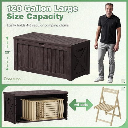 Deck Box 120 Gallon Outdoor Storage Bin with Lid, Dark Brown Resin