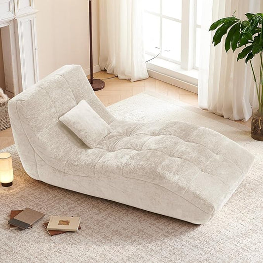 Chaise Lounge Chair with Curved Back, Modern Upholstered Recliner Sofa, Tufted Accent Lounger Comfortable Lazy Chair for Bedroom, Apartment (Beige)
