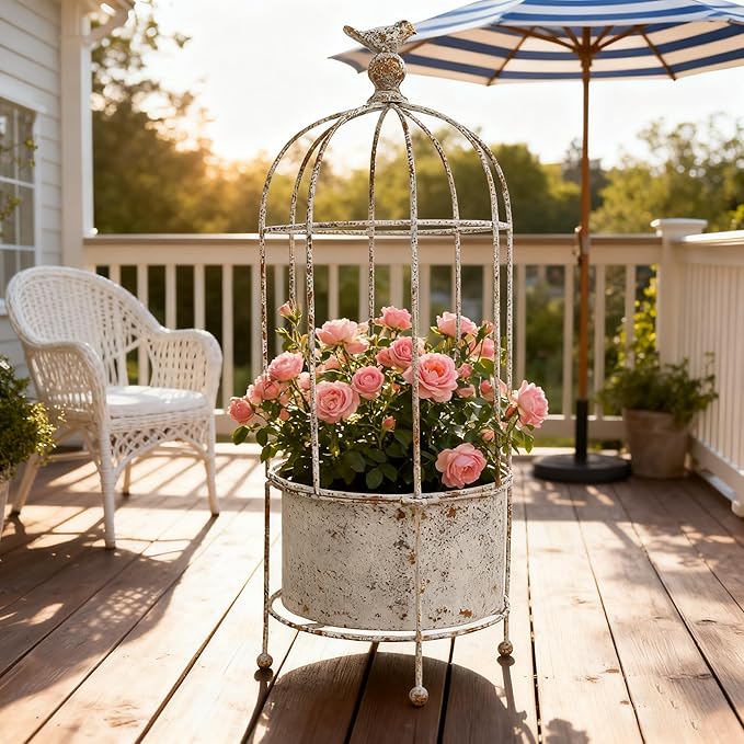 Planter Metal Birdcage Stand in White, 21.7 Inches Tall