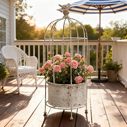 Planter Metal Birdcage Stand in White, 21.7 Inches Tall
