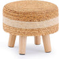 Handwoven Round Ottoman, Natural Water Hyacinth Outdoor Patio Pouf Seagrass Low Stool with Wood Legs, Soft Padded Footrest for Living Room Bedroom Garden, White