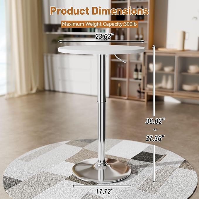 Flamaker Round Bistro Pub Table 23.6 Inch Height Adjustable 360° Swivel Bar Table Metal Base for Pub, Dining Room, Party (2, White-Silver)