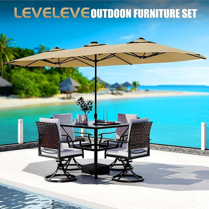 LEVELEVE 14FT Double-Sided Patio Umbrella with Base Included, Large Outdoor Rectangular Market Umbrella for Backyard, Poolside, Lawn & Garden, Khaki