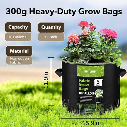 BN-LINK 5-Pack 10 Gallon Grow Bags, Heavy Duty Aeration Fabric Pots with Handles, Thickened Nonwoven Plant Bags for Vegetables, Flowers, Fruits