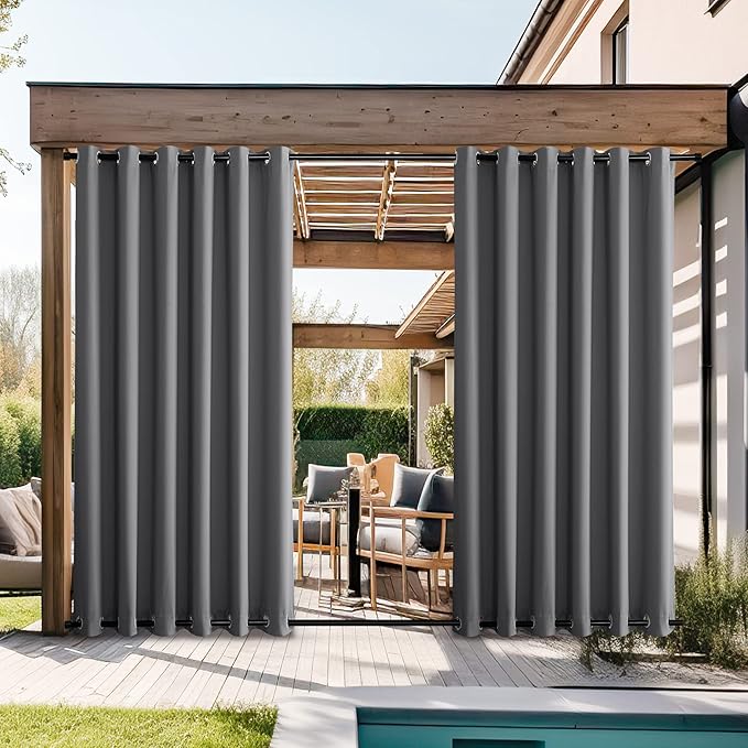 NICETOWN Grey Outdoor Curtains for Patio Waterproof 2 Panels, Windproof Rustproof Top & Bottom Grommet Thermal Insulated Blackout Privacy Outdoor Drapes for Gazebo/Pergola, W84 x L95