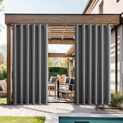 NICETOWN Grey Outdoor Curtains for Patio Waterproof 2 Panels, Windproof Rustproof Top & Bottom Grommet Thermal Insulated Blackout Privacy Outdoor Drapes for Gazebo/Pergola, W84 x L95