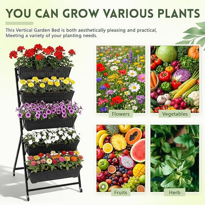 2 Pack 5-Tier Vertical Garden Planter 4.5 ft Tall Raised Garden Bed with Lockable Wheels & Drainage, Removable Elevated Herb Vegetable Flower Planter for Patio Deck Indoor Outdoor(Black)