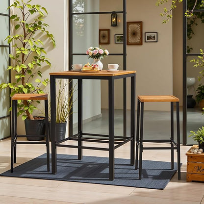 Devoko Acacia Wood Outdoor Patio Bar Set for 2, Square Counter Height Table with 2 Stools, Dining Bar Set for Garden, Deck, Pool Side, Dining Room, Kitchen, Living Room