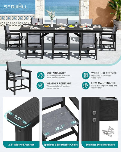 SERWALL 9 Piece Outdoor Dining Set, 84" HDPE Outdoor Large Table and Texilene Chairs for 8，All Weather Patio Dining Furniture Set with Umbrella Hole for Backyard, Garden, Black