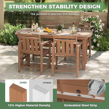 5-Piece Outdoor Dining Furniture Set with Chairs, All-Weather HDPE Patio Table and 4 Chairs, Umbrella Hole, for Garden Backyard or Deck - Teak