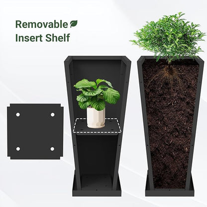 Tall Planters 28" H - 2 Pack, Tapered Pots with Drainage Insert Shelve & Trays, Metal Outdoor Planter Box for Porch, Garden, Patio, Yard (Black)