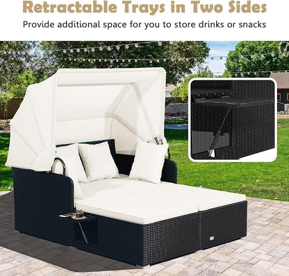 Tangkula Patio Rattan Daybed with Retractable Canopy, Outdoor Wicker Sunbed Lounger with 2 Foldable Side Tables, Thick Seat & Back Cushions, Double Daybed for Garden, Backyard, Porch (Off White)