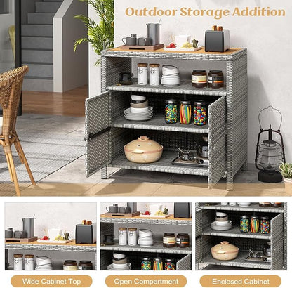 Tangkula Rattan Outdoor Storage Cabinet, Patiojoy Outdoor Cabinet with Acacia Wood Countertop, Open Compartment, 2-Door Wicker Sideboard, Outdoor Bar for Patio Garden Backyard Poolside (Mix Grey)