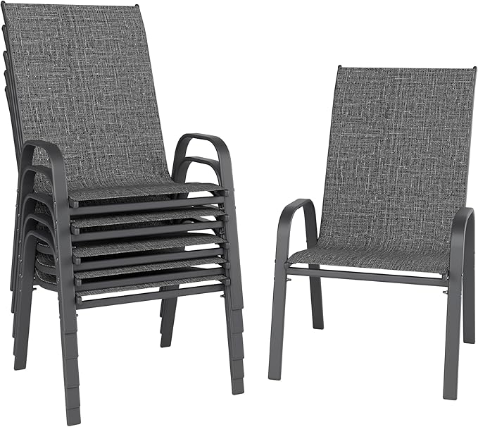 Patio Dining Chairs, Set of 6, Dark Grey Steel Frame, Stackable