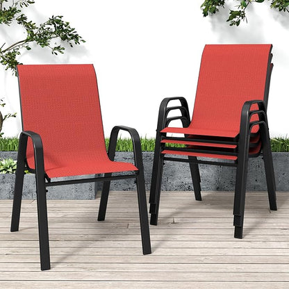 Patio Dining Chairs, Stackable Set of 4 in Red with Steel Frame