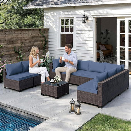 ALAULM Patio Furniture Set with Coffee Table, 9 Pieces Outdoor Sectional with Wide Seat and Thick Cushion, All Weather Wicker Rattan Conversation Set for Backyard, Garden, Deck, NavyBlue