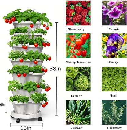 7 Tiered Strawberry Planters 2 Pack, Vertical Stackable Planter, Herb Stacking Tower Garden, Flower and Vegetable Planters with Support Pole Indoor & Outdoor with Removable Wheels - White