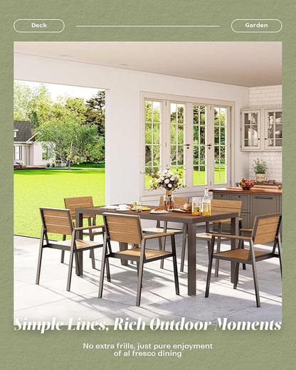 7-Piece Outdoor Dining Set, Aluminum Dining Table Set for 6, Patio Table and Chairs Set with Umbrella Hole, All Weather HDPS Outdoor Table and Chairs for 6 (Gray-Teak)