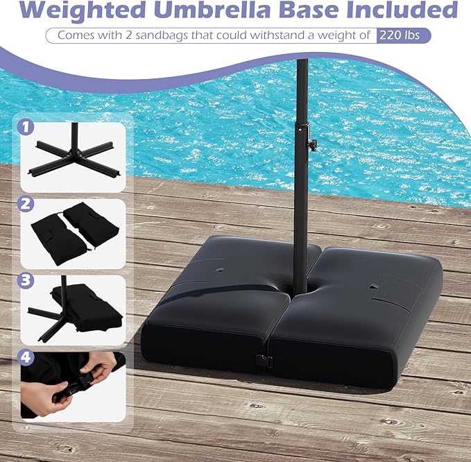 Tangkula 10ft Solar LED Patio Umbrella with Base, Offset Cantilever Outdoor Umbrella with 32 LED Lights, Infinite Tilt, 360 Degree Rotation, Crank Handle for Pool Deck Garden Backyard (Gray)