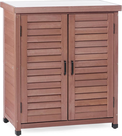 Outdoor Potting Bench with Storage Cabinet and Metal Top, Wood Workstation for Outdoor Patio, Garden (Dark Brown, 31x17x36‘’)