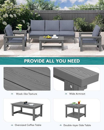 SERWALL HDPE Patio Furniture Set, 7-piece Outdoor Sectional Sofa Set, All Weather Outdoor Couch Set for Deck, Lawn, Grey Frame with Grey Cushion