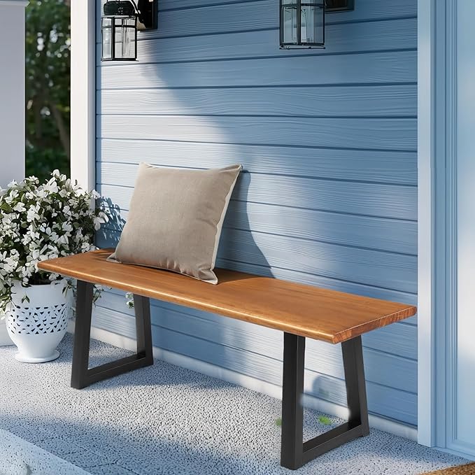 VINGLI Outdoor Bench with Metal Legs Rustic, Wood Dining Bench Indoor Outdoor Porch Bench for Yard Garden Dining (57in)