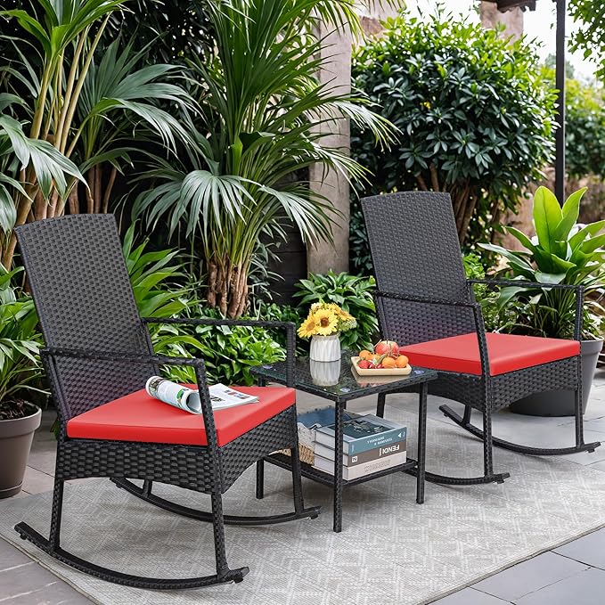 Conversation Set, 3-Piece Red Rattan Rocking Chairs with Coffee Table