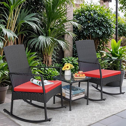 Conversation Set, 3-Piece Red Rattan Rocking Chairs with Coffee Table