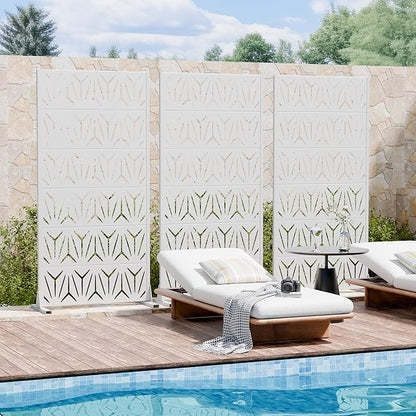 Casaphoria Metal Privacy Screen Outdoor, 72" H x 35" W Freestanding Decorative Privacy Screen for Patio Deck Balcony Garden with Stable Base, White-Star