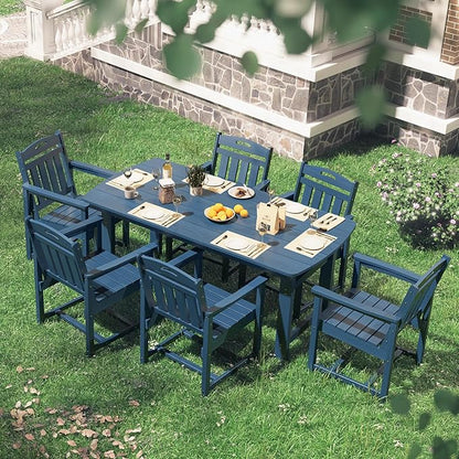 HDPE Outdoor Patio Dining Set with Table & 6 Chairs, All-Weather 7-Piece Outdoor Table and Chairs, 2" Umbrella Hole, Patio Furniture for Garden, Backyard, Deck | Navy Blue