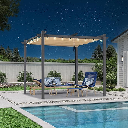 PURPLE LEAF 10' x 10' Aluminum Outdoor Pergola Modern Grape Trellis Retractable Pergola with Double Sun Shade Canopy Metal Pergola with Light for Patios Backyard Deck Garden, Khaki