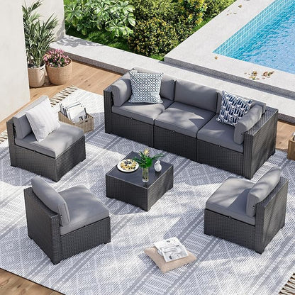 Aoxun 7 Piece Patio Furniture Set Wicker Rattan Patio Sectional Sofa Set Outdoor Seating Furniture with Thickened Cushion, Grey