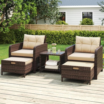 LHBcraft Outdoor Furniture 5 Piece Patio Conversation Set, PE Rattan Patio Set with Soft Cushions & Coffee Table, Outside Furniture with Hidden Ottoman for Porch, Lawn, Garden, Balcony, Brown