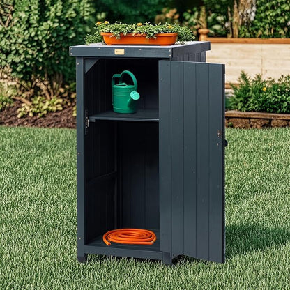HABAU Outdoor Storage Cabinet for Patio, Garden Potting Bench Table with Shelves & Metal-Tabletop, Wooden Planting Work Station, Weatherproof