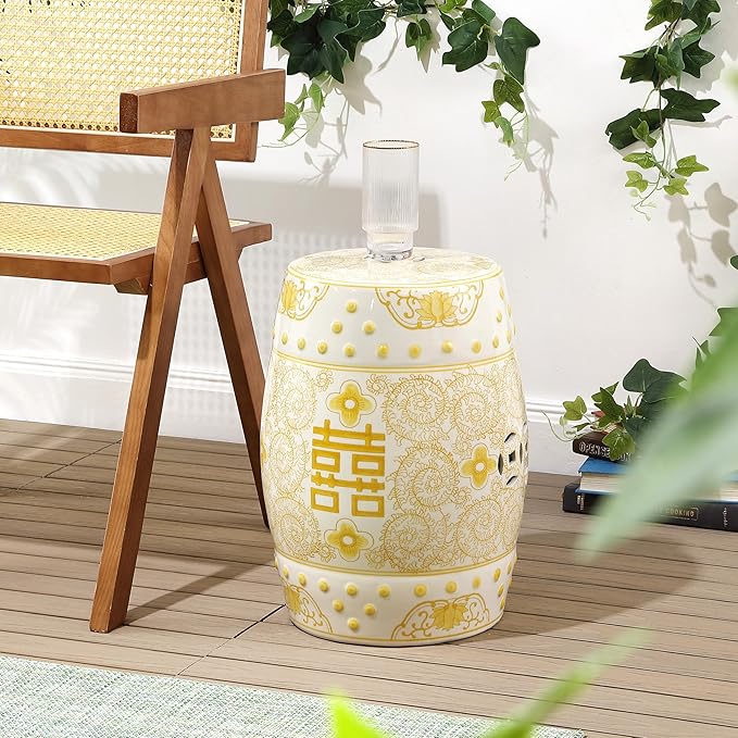 Decorative Garden Stools, 18-Inch Ceramic Drum Seat in Yellow and White